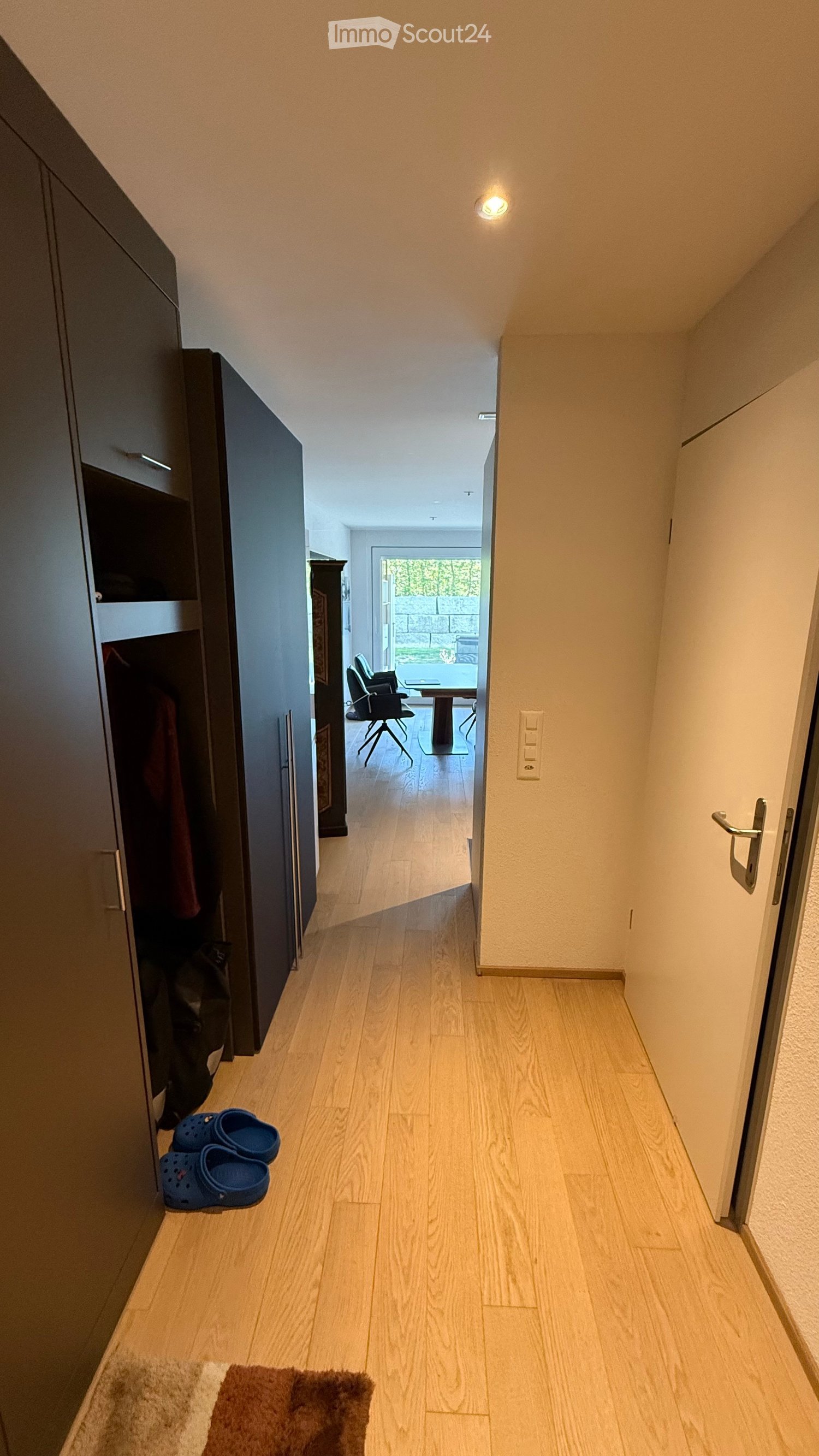 A narrow hallway with light wooden flooring, white walls, and a ceiling light. A pair of blue Crocs are placed near a dark-colored cabinet on the left, and a small brown rug lies on the floor. The hallway leads to an open area with a table and chairs visi