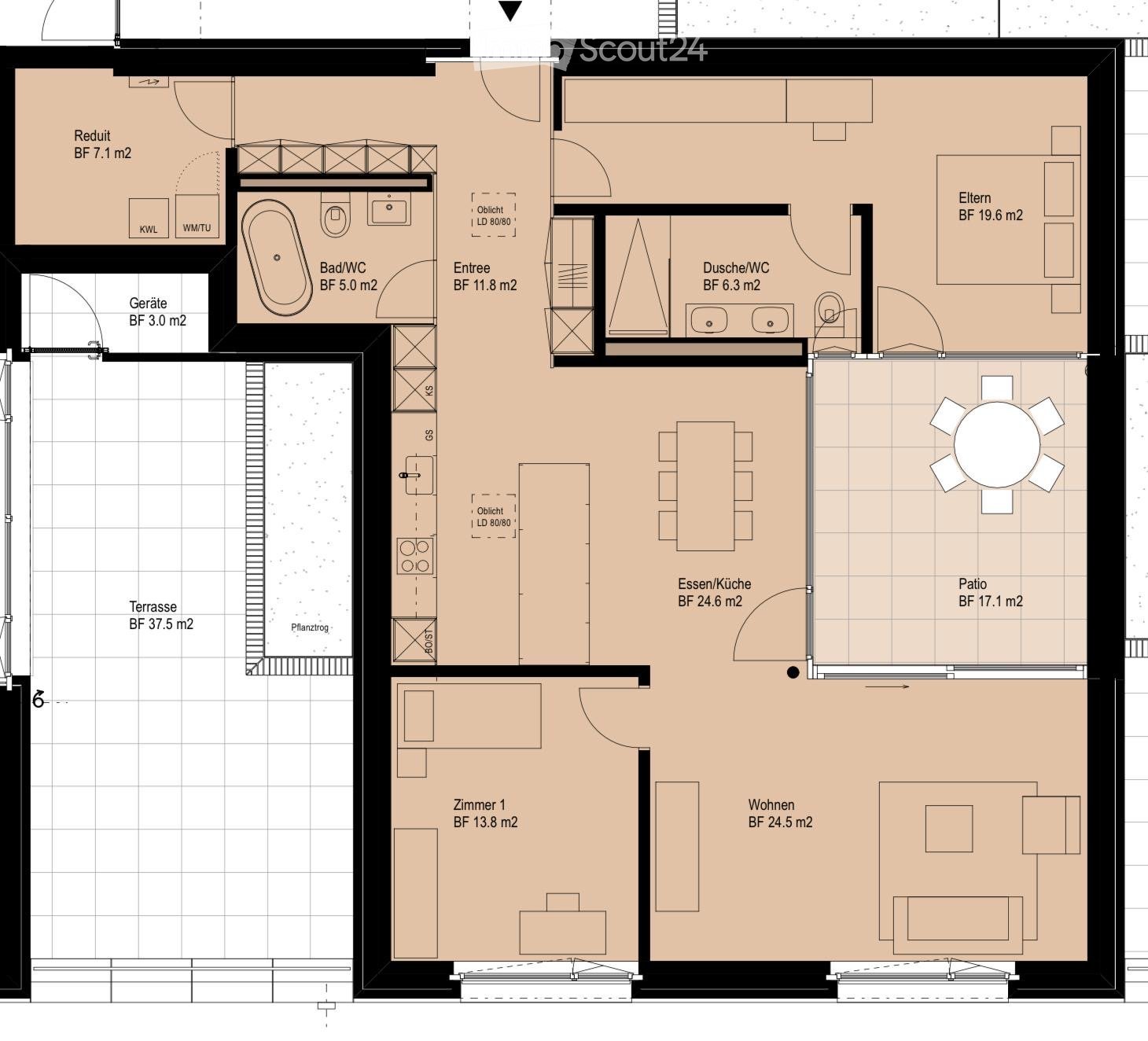 Floor plan of a 2-bedroom apartment with living room, dining area, kitchen, two bathrooms, and a terrace.