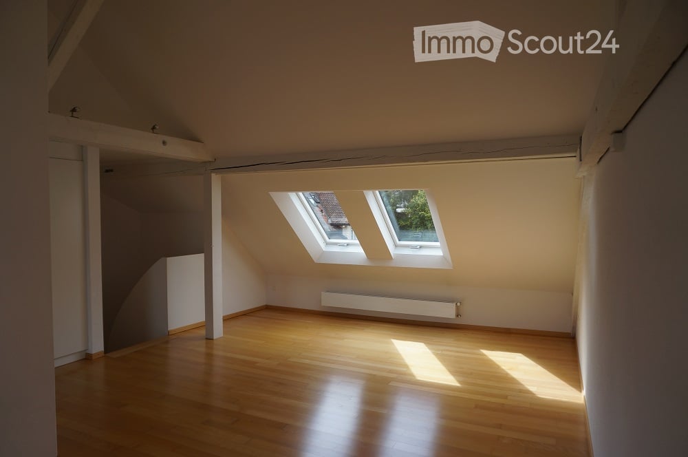 Empty attic room with wooden flooring, white walls, and skylight windows allowing natural light to enter.