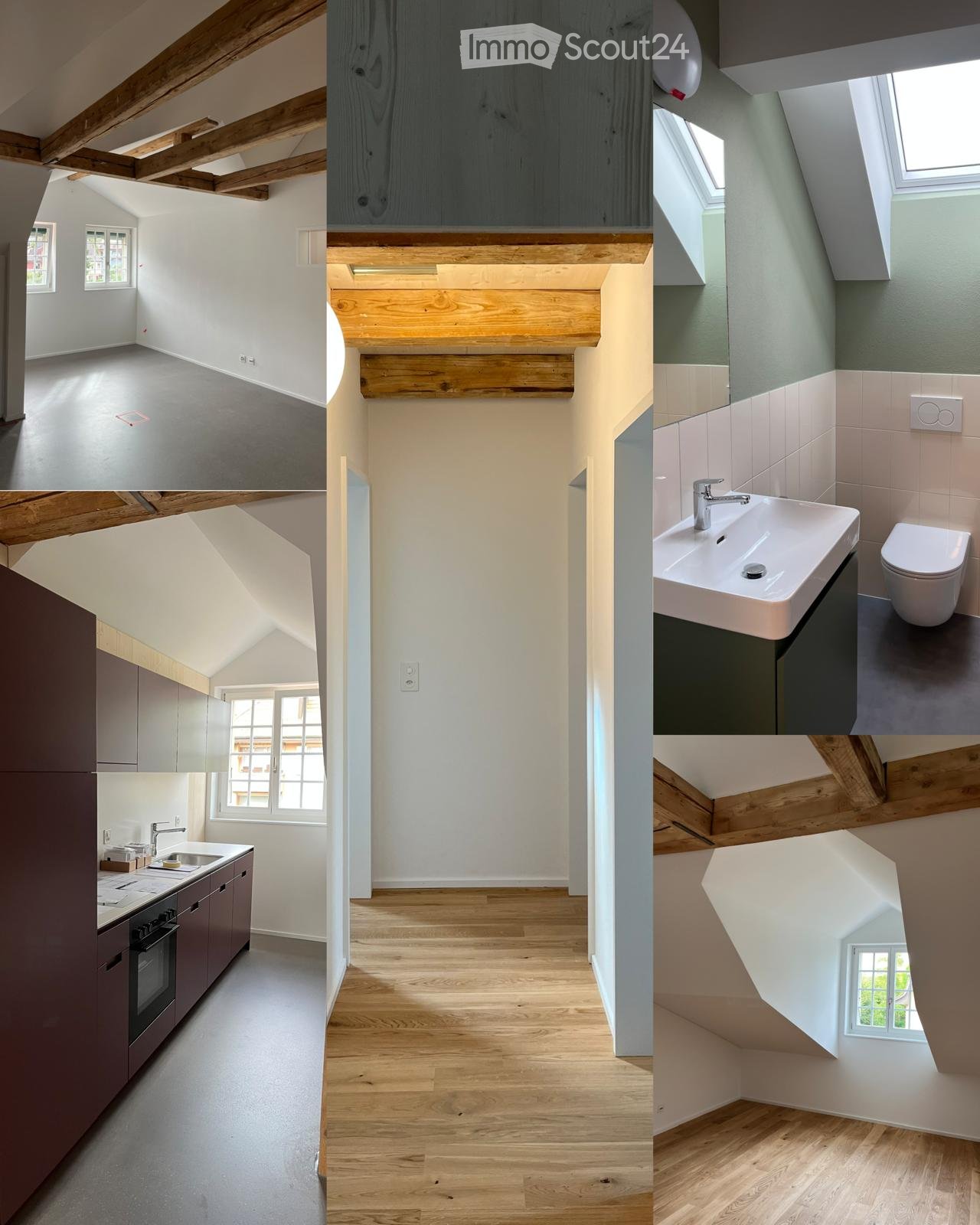 A collage of images showcasing a modern, loft-style house with exposed wooden beams, large windows, and multiple rooms including a kitchen, bathroom, and living space.
