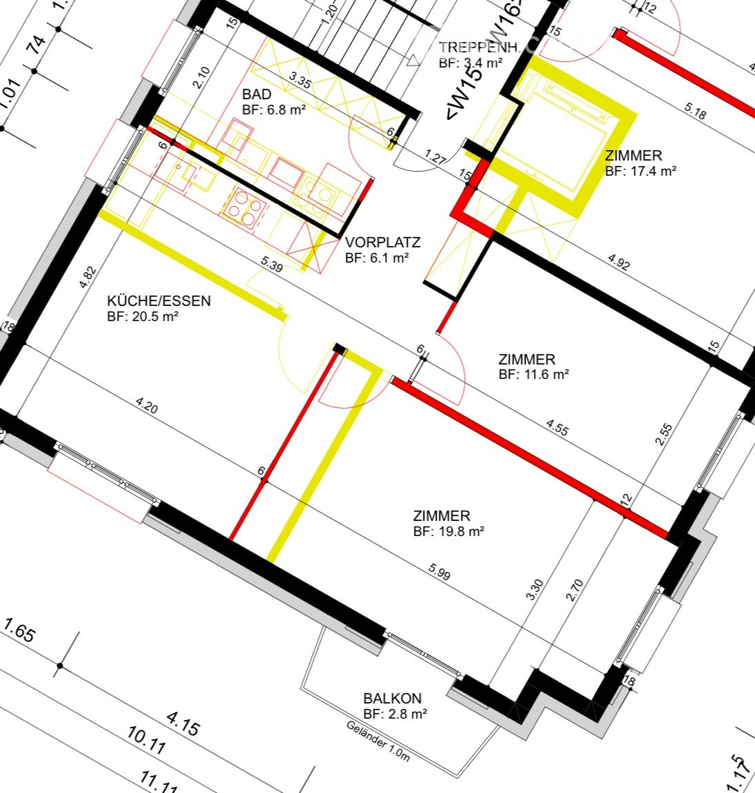 Floor plan showing a kitchen/dining area, bathroom, hallway, three bedrooms, and a balcony. Dimensions and floor areas are labeled.