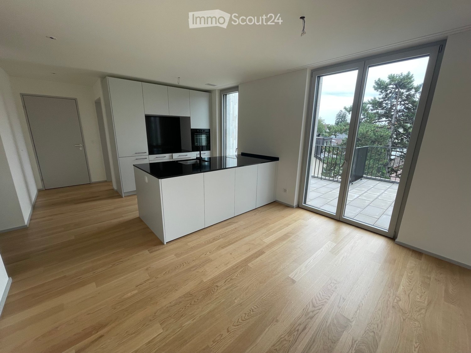 Modern kitchen with white cabinets, black countertop, and wooden flooring, leading to a balcony.