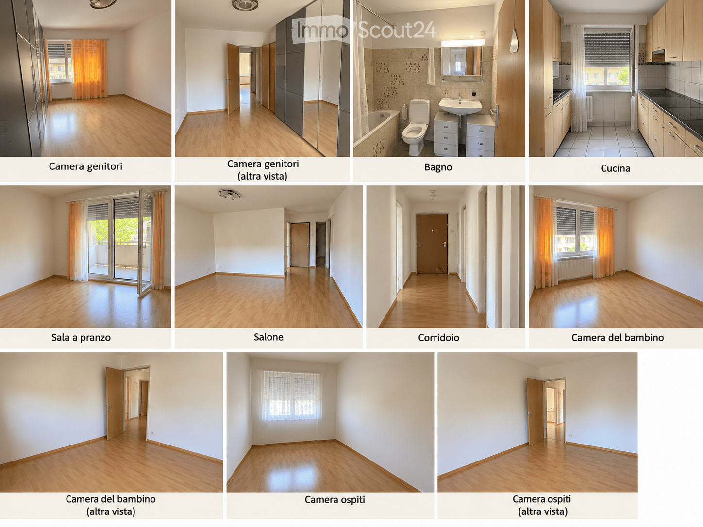 A collection of unfurnished rooms including a bedroom, bathroom, kitchen, dining room, living room, hallway, and children's room. All rooms feature wooden flooring, white walls, and large windows with orange curtains. The kitchen has cabinets and a counte
