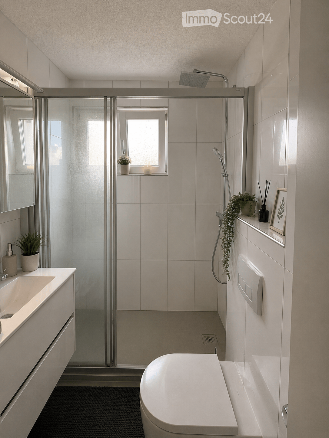 Modern bathroom with a bathtub, sink, mirror, glass-enclosed shower, and decorative plants and candles on the windowsill.