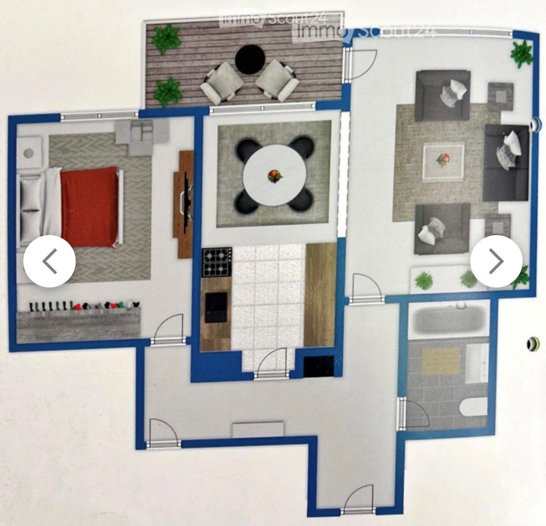 Floor plan of a modern apartment featuring a living room, dining area, kitchen, bedroom, and bathroom. Includes a balcony with seating area.