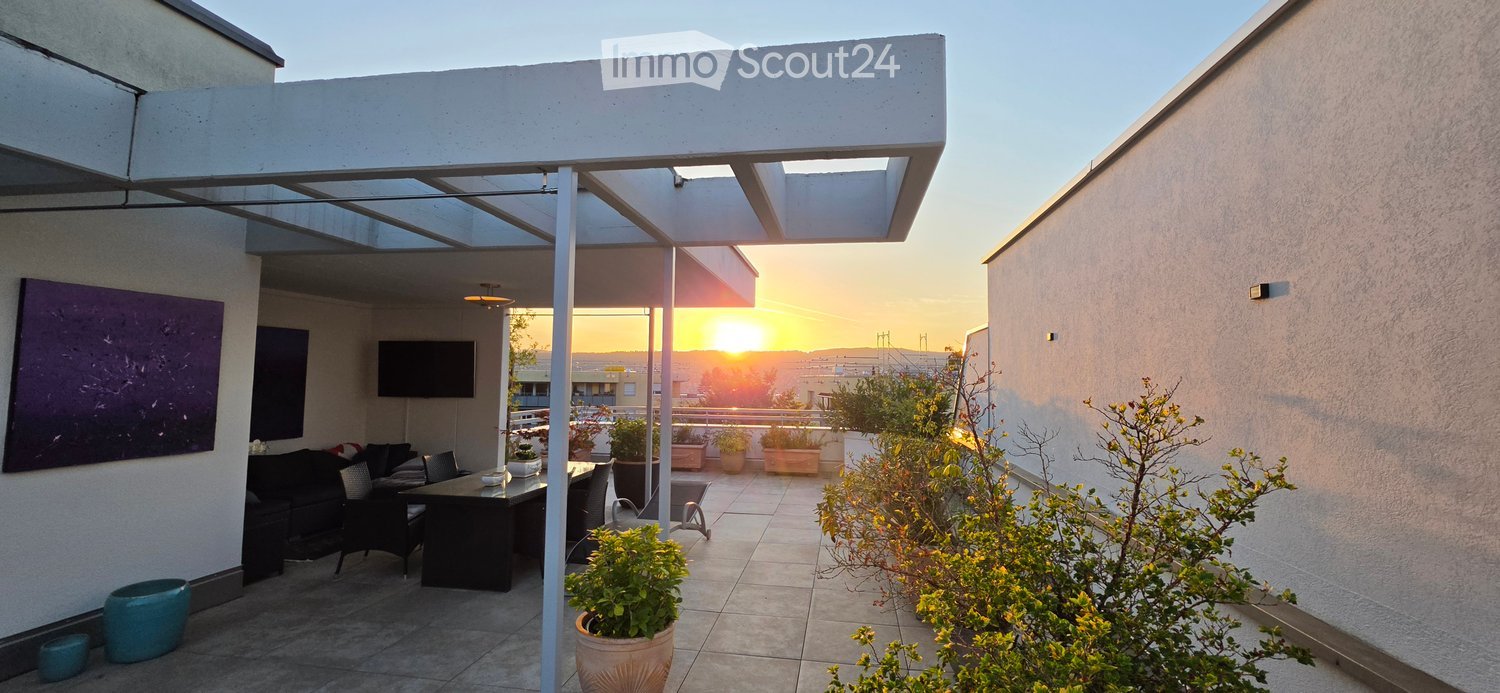 A modern rooftop terrace with a covered seating area, outdoor dining table, chairs, potted plants, and a view of the cityscape at sunset.