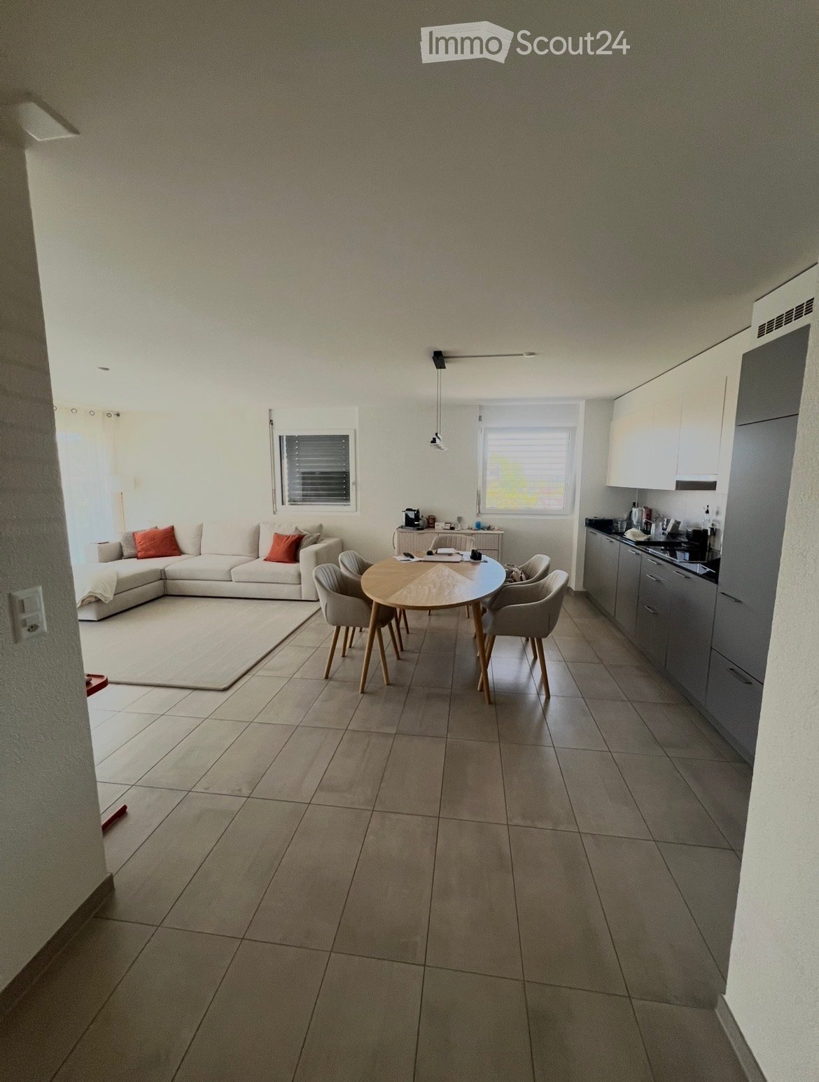 Open-plan living and dining area with a sofa, dining table, chairs, and a kitchen area with cabinets and a counter.