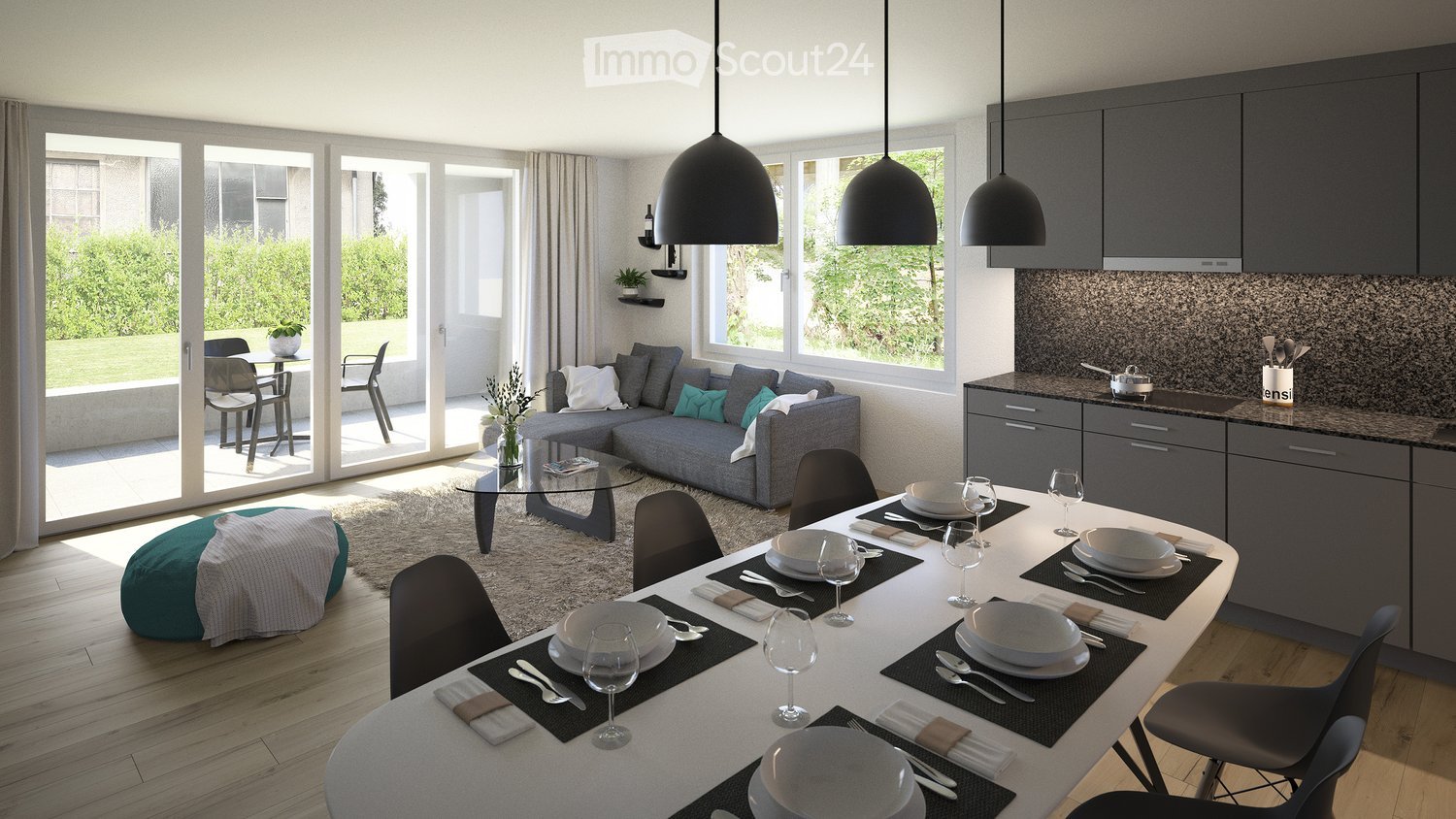 Modern open-plan living and dining area with grey sofa, glass coffee table, dining table set for six, kitchen area with cabinets and countertop, pendant lights, and large windows offering a view of the garden.