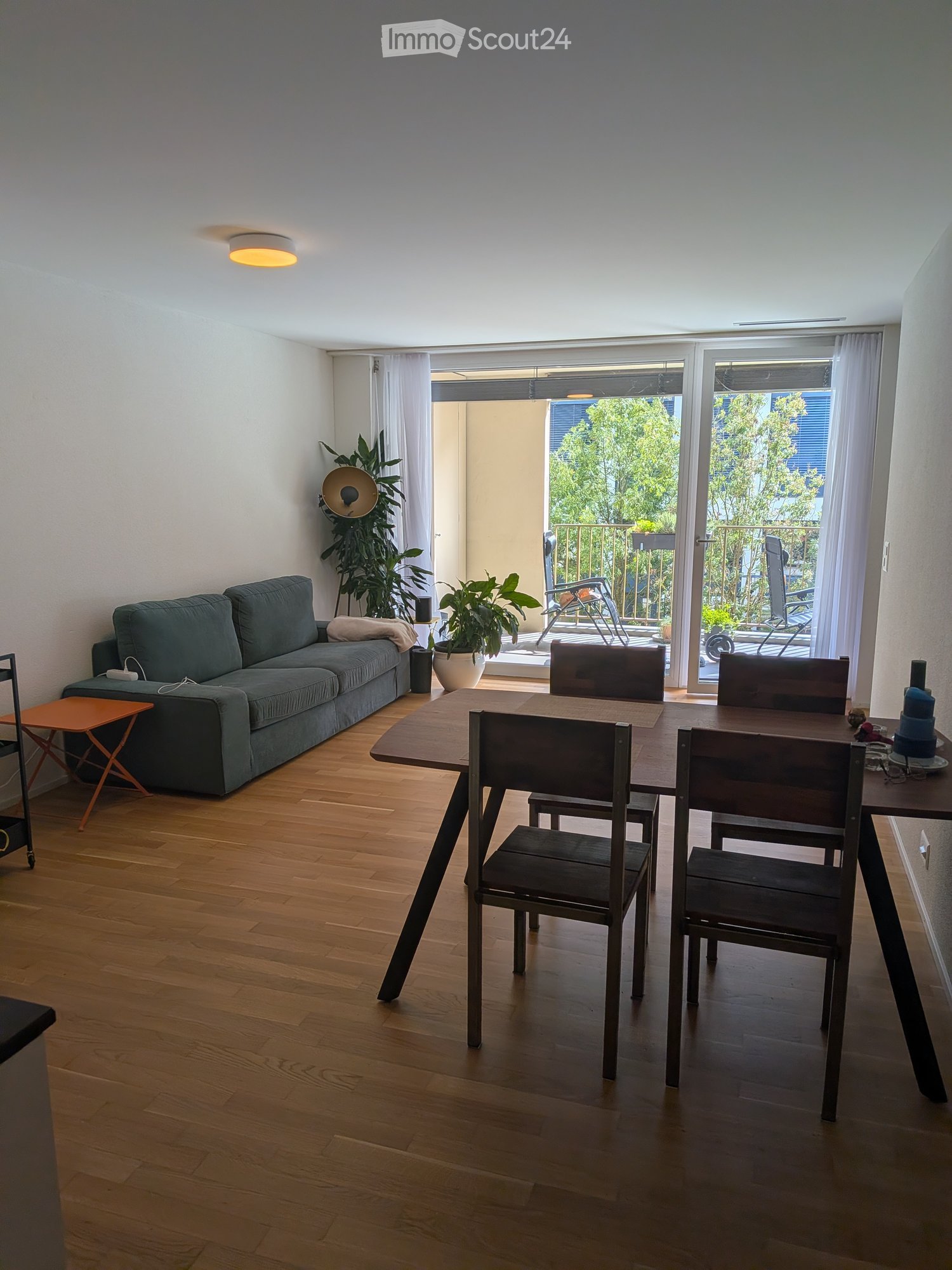 Bright living and dining area with wooden flooring, a grey sofa, a small orange stool, a dining table with four chairs, and potted plants near the balcony entrance.