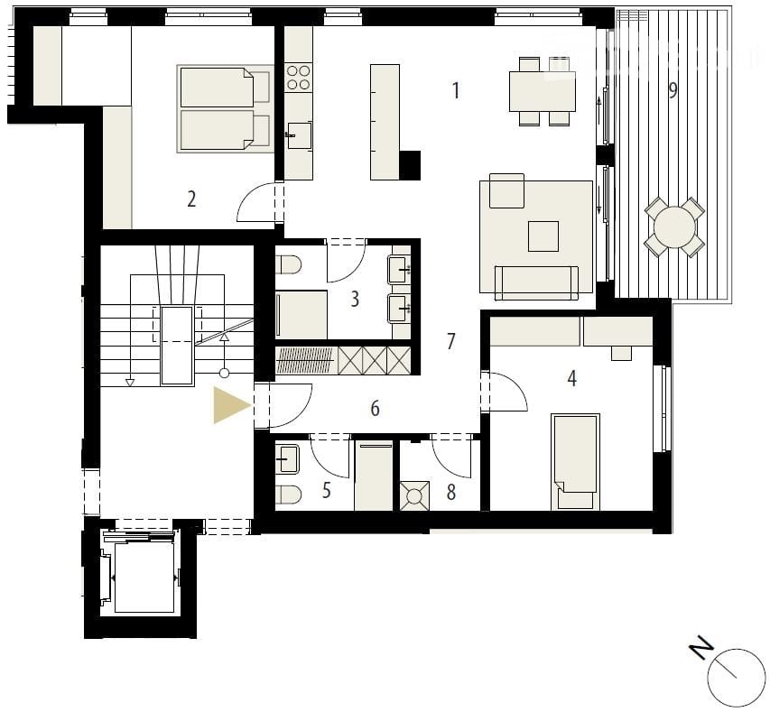 Floor plan of a multi-room residential space including a living room, dining area, kitchen, bedrooms, bathrooms, and a balcony.