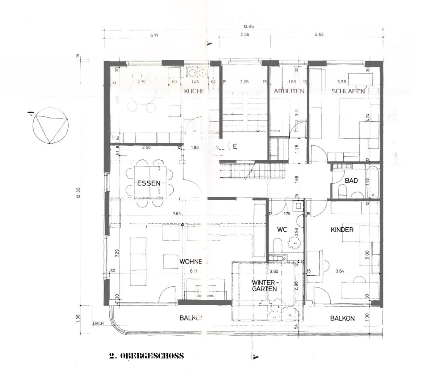 Floor plan of the upper floor showing kitchen, dining area, living room, bedroom, bathroom, children's room, winter garden, and two balconies.