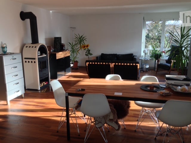 Bright living and dining area with wooden flooring, a large wooden dining table with white chairs, a black sofa, a fireplace, and potted plants.