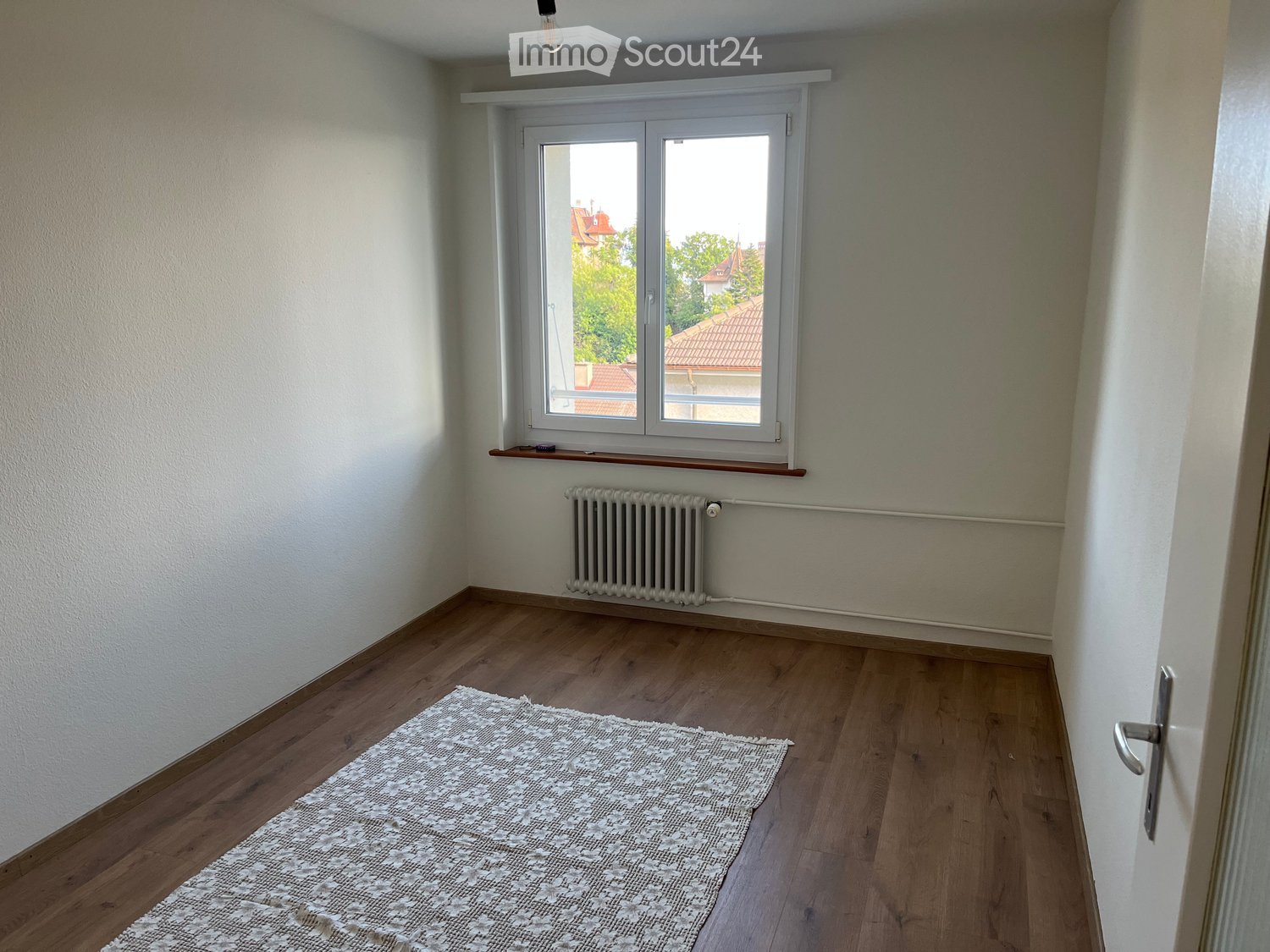 Empty room with wooden flooring, white walls, a window with a view of rooftops, a radiator, and a small rug on the floor.
