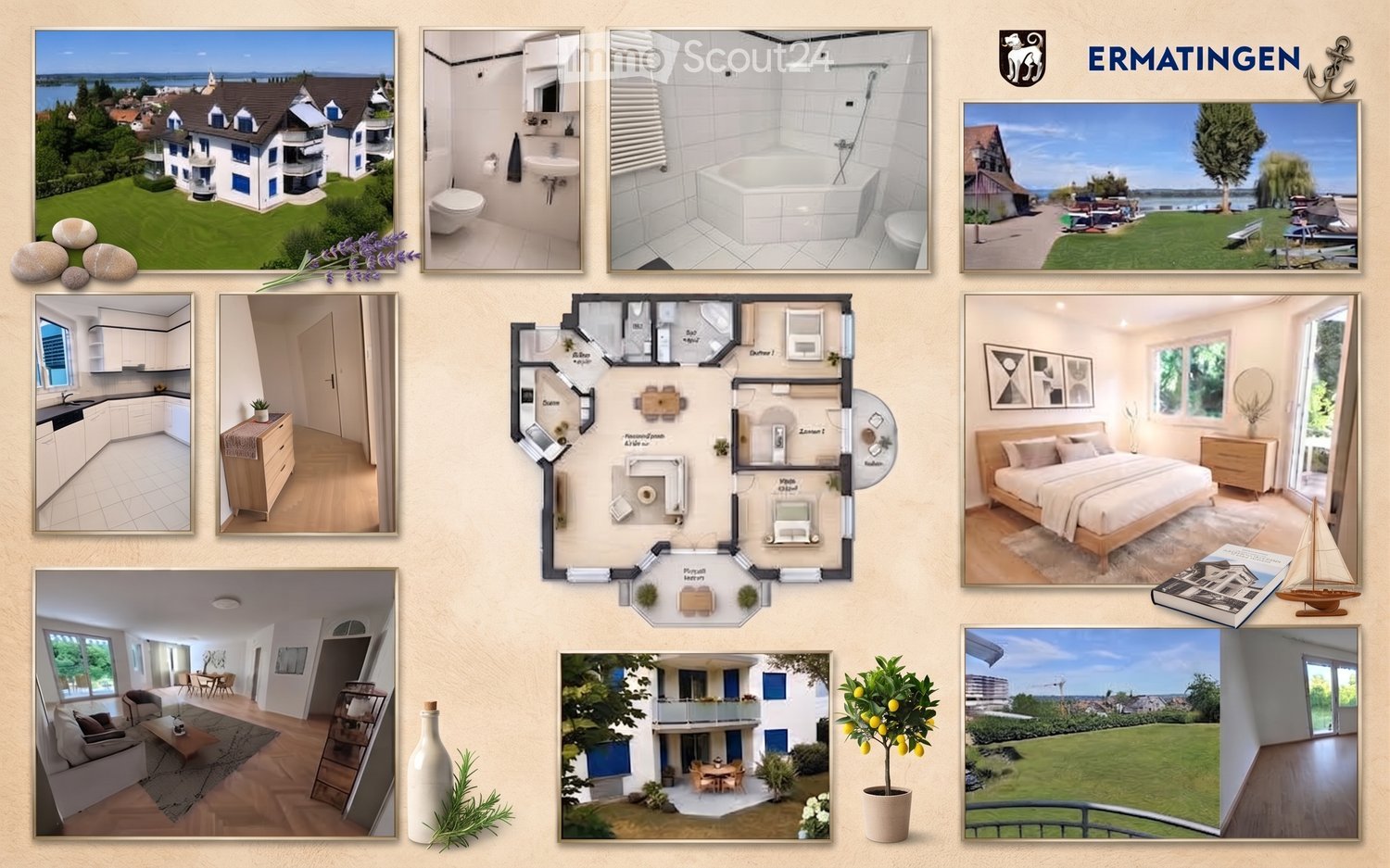 Collage of real estate images including a house exterior, bathrooms, kitchen, living room, bedroom, and a floor plan layout.