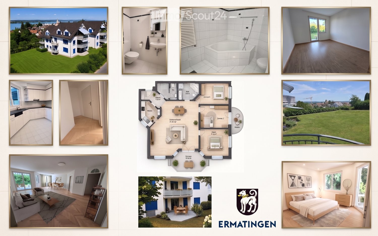 A collage of images showcasing a modern house exterior, interior rooms including a bathroom, kitchen, living room, bedroom, and a floor plan layout.