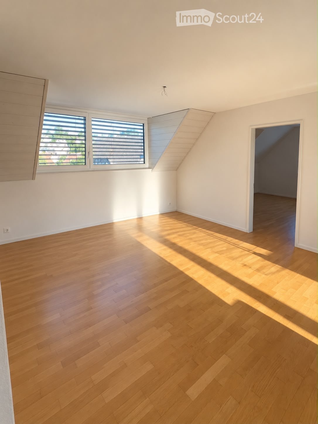 Empty room with wooden flooring, white walls, and large windows with blinds. Sunlight streams in, casting shadows on the floor.