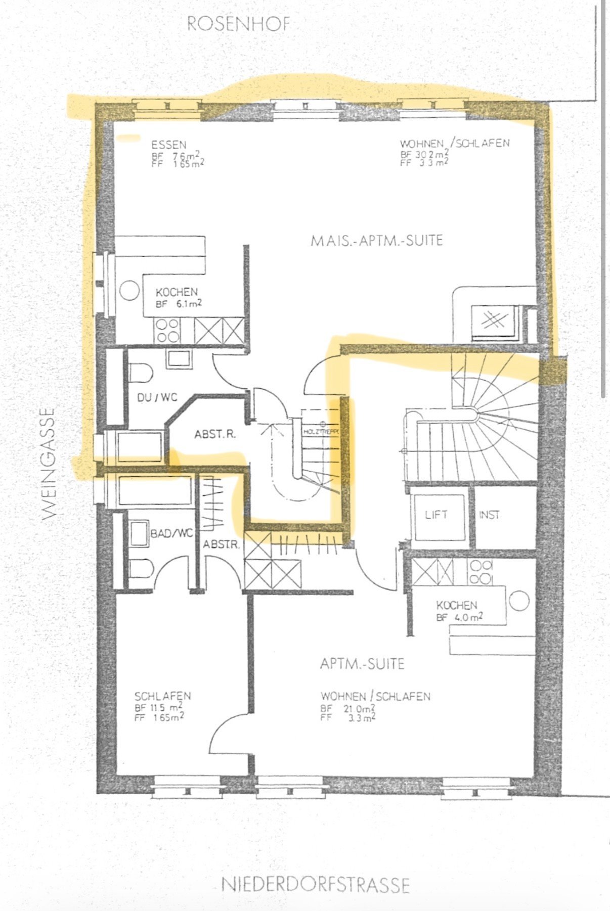 Floor plan of Rosenhof showing multiple apartments and suites, including living, sleeping, kitchen, and bathroom areas.