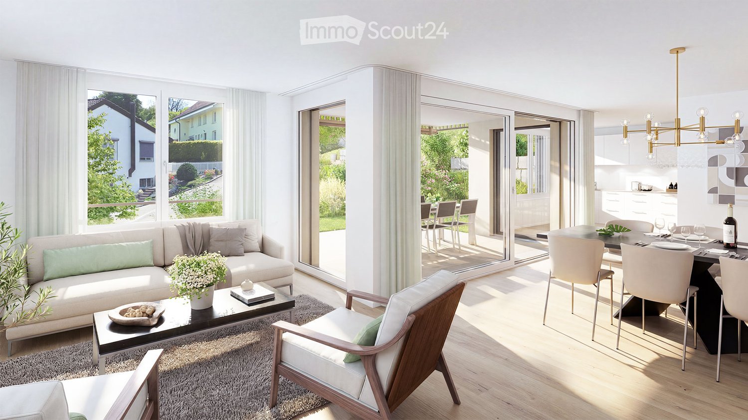 Bright living and dining area with large windows and sliding glass doors leading to a patio. Features a light-colored sofa, coffee table, dining table with chairs, and a chandelier.