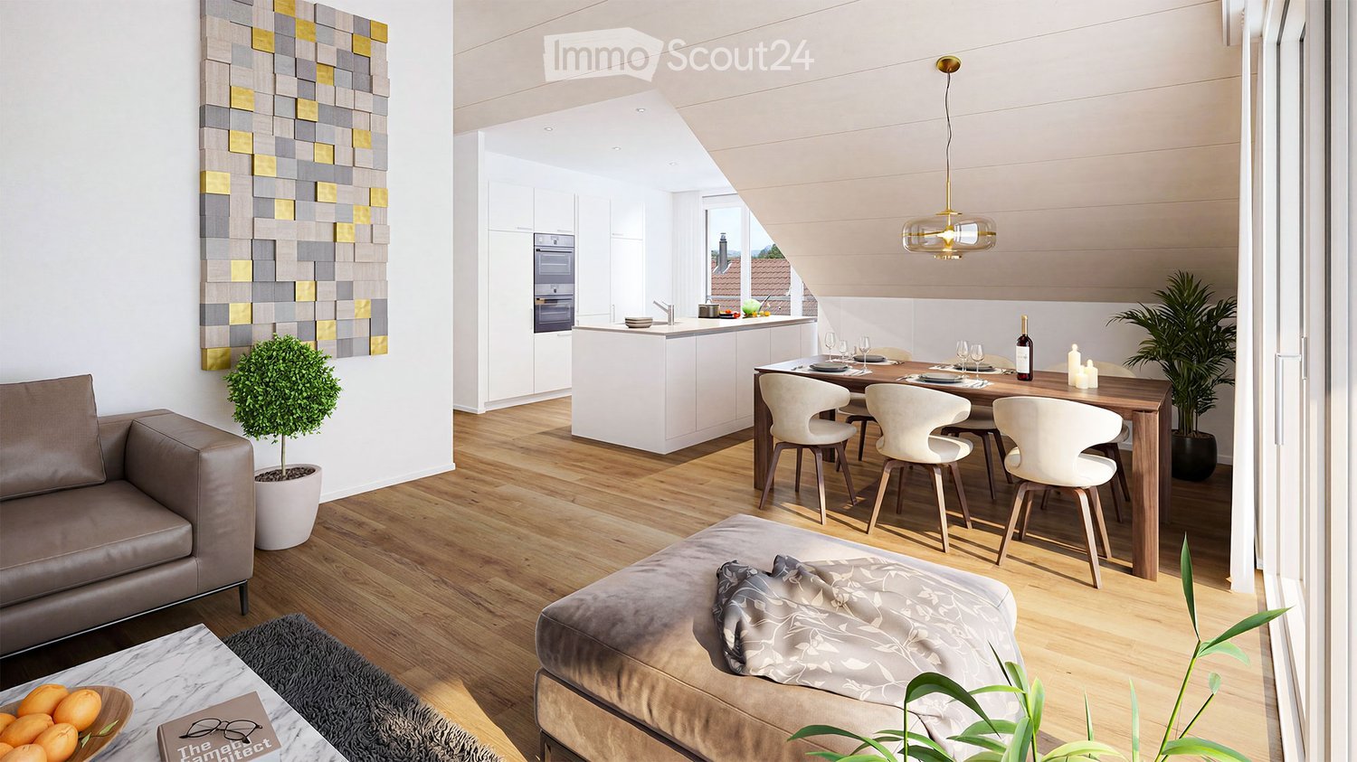 Modern open-plan living and dining area with a grey leather sofa, ottoman, coffee table, dining table with chairs, kitchen area with white cabinets and an oven, pendant light, and decorative plants.