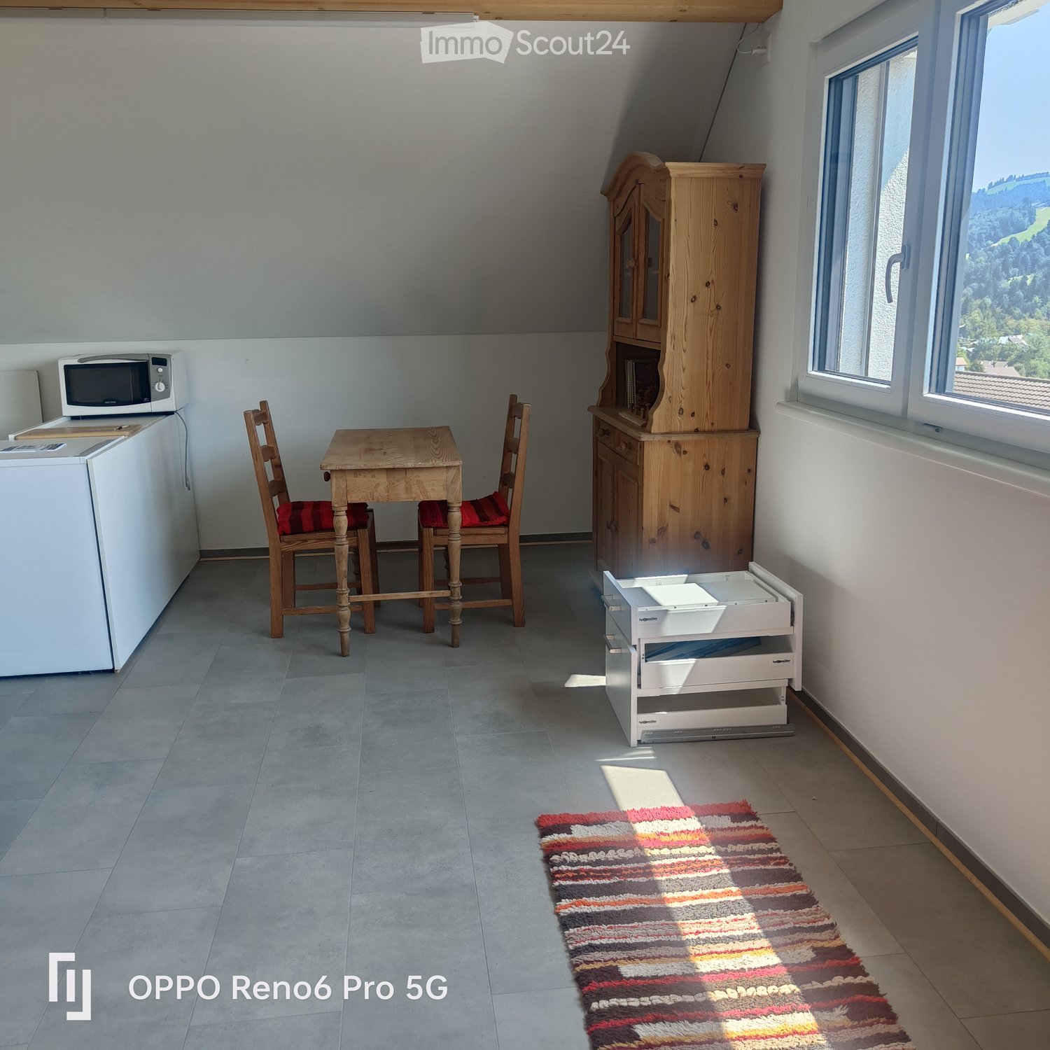 A small, furnished room with a wooden table, two chairs, a refrigerator, microwave, wooden cabinet, and a dishwasher. The room has large windows with a scenic view and a colorful striped rug on the floor.