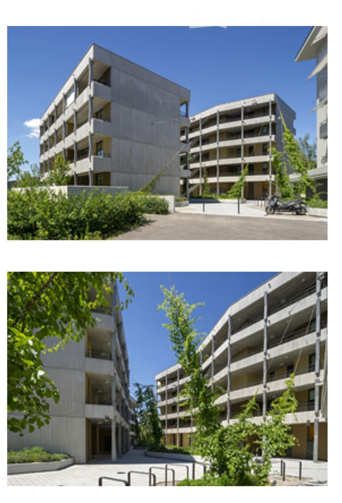 Modern multi-story residential building with concrete facade, balconies, and surrounding greenery.