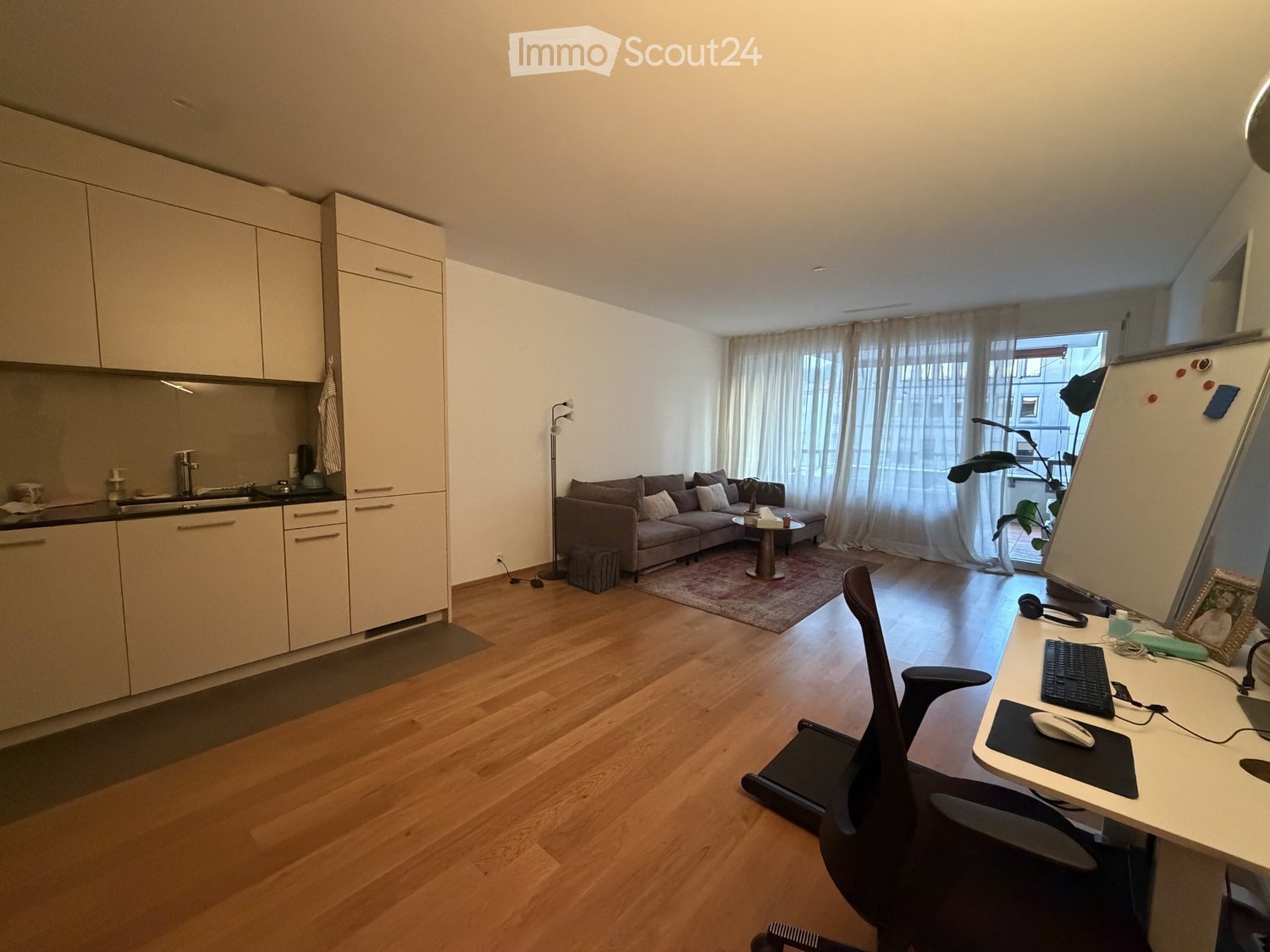 Open-plan living and working space with a sofa, coffee table, desk, and kitchen area.