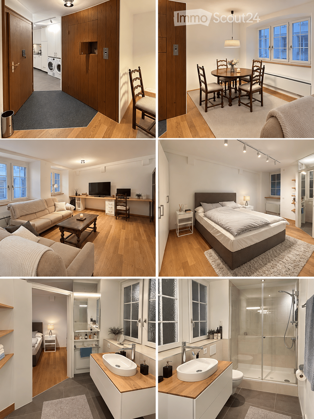 A collage of six images showcasing a modern, well-furnished apartment. The living room features a sofa, coffee table, and a desk with a laptop. The bedroom includes a bed, nightstand, and a small table. The dining area has a table and chairs. The kitchen