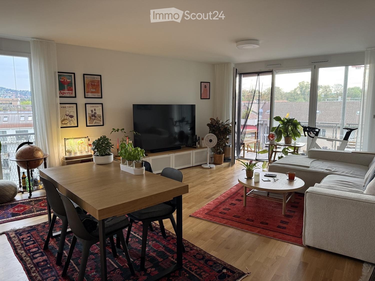 Bright living room with large windows and a view, featuring a grey sectional sofa, coffee table, dining table with chairs, TV, fan, globe, and potted plants.