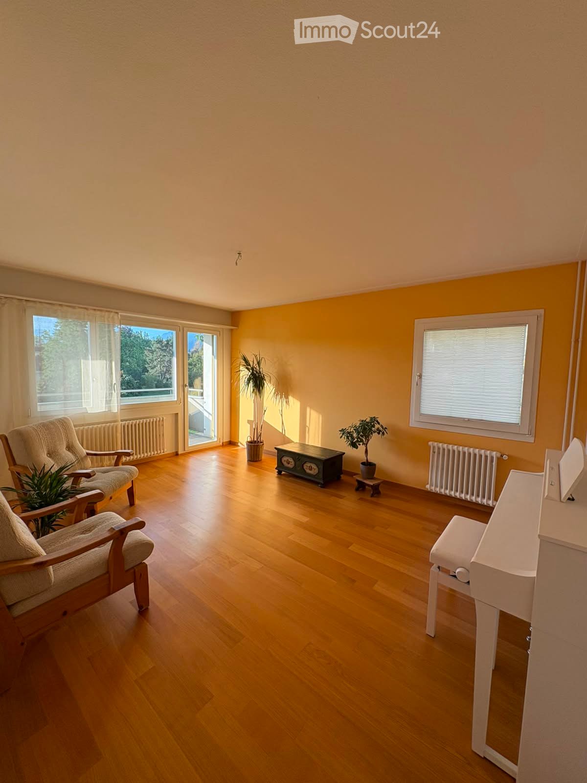 Bright living room with wooden flooring, large windows, and a sliding glass door leading to a balcony. Features include a sofa, a small table, two armchairs, and potted plants.