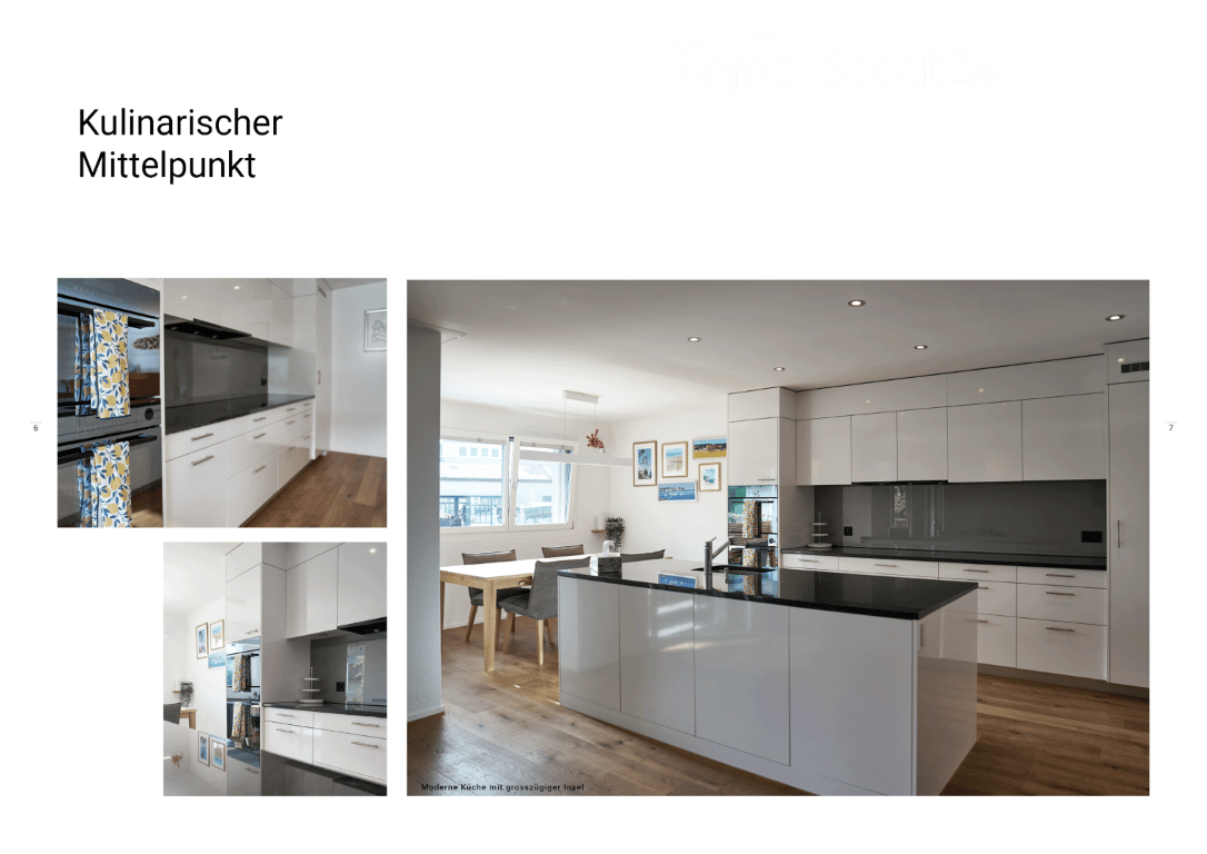 Modern kitchen with white cabinetry, black countertop, large window with city view, dining area with table and chairs.