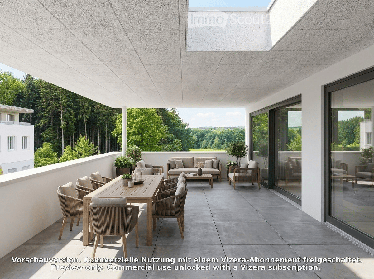 Modern balcony with a dining table, chairs, sofa, and coffee table, overlooking a lush green landscape.