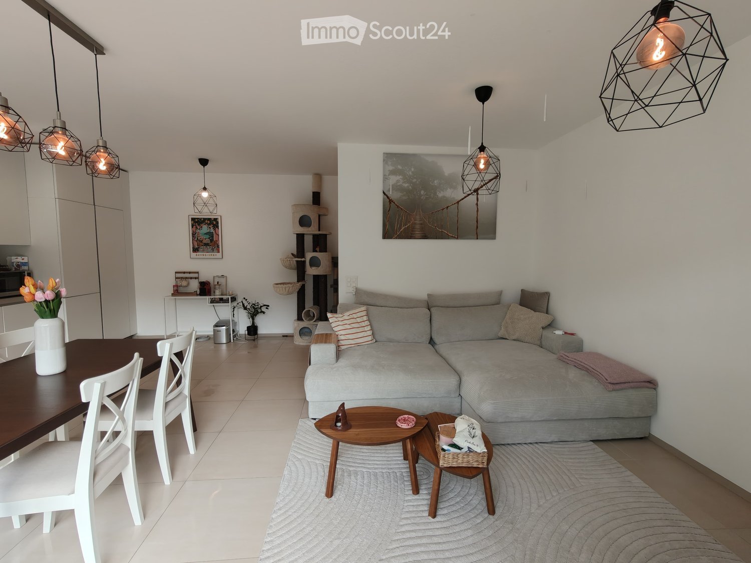 Modern living room with a grey sectional sofa, wooden coffee table, white dining table with chairs, cat tree, and decorative items.