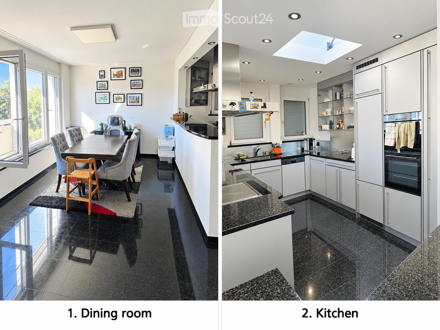 Modern kitchen with white cabinets, granite countertops, stainless steel appliances, and a large island. Features include a built-in oven, refrigerator, sink, and ample storage space.