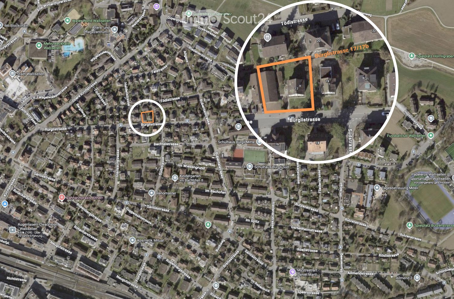Aerial view of a residential area with streets, buildings, and landmarks such as schools and parks.