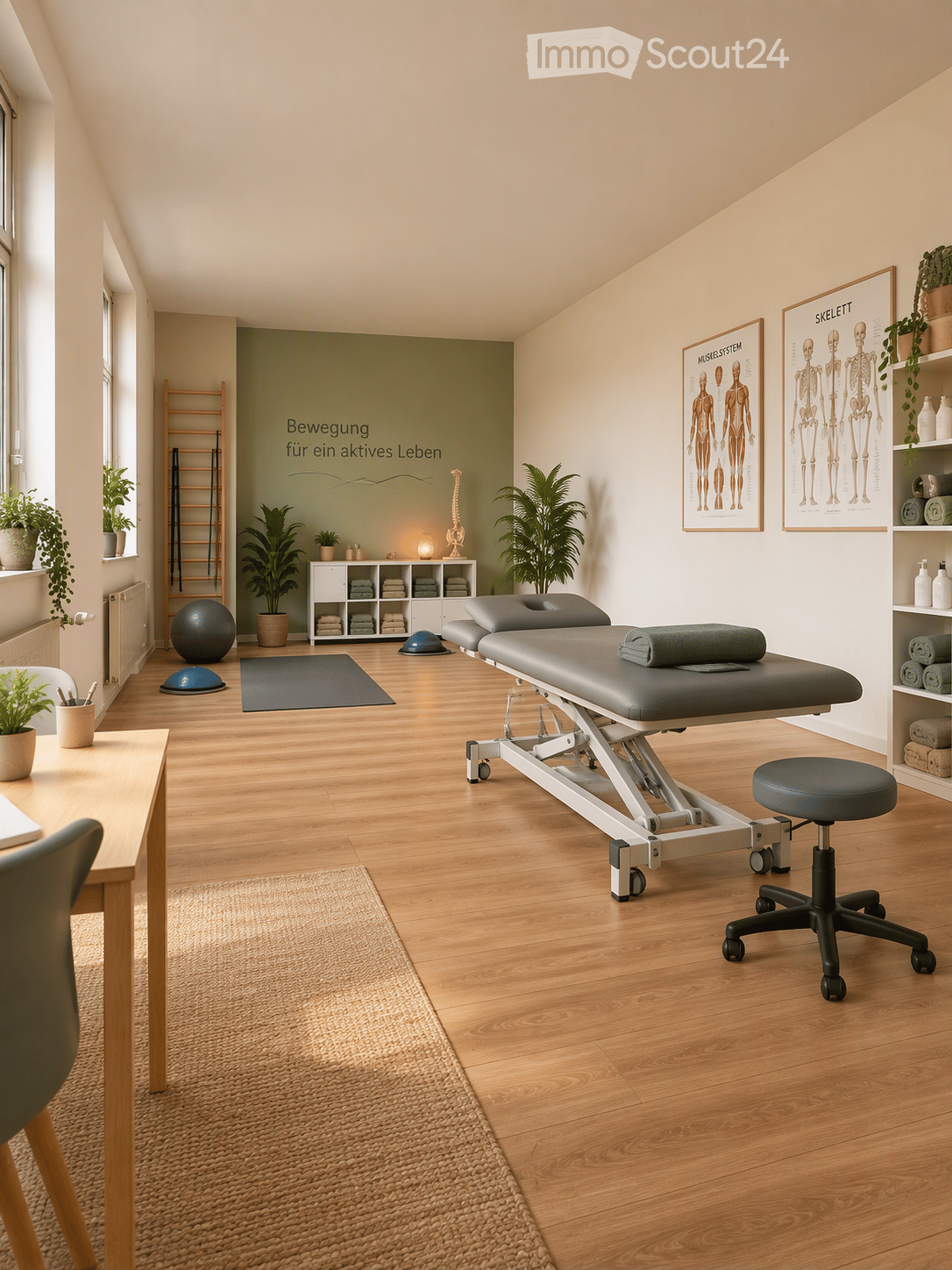 A well-lit, modern room with wooden flooring, a massage table, a small table with a chair, a stool, exercise balls, shelves with towels, and anatomical posters on the wall.