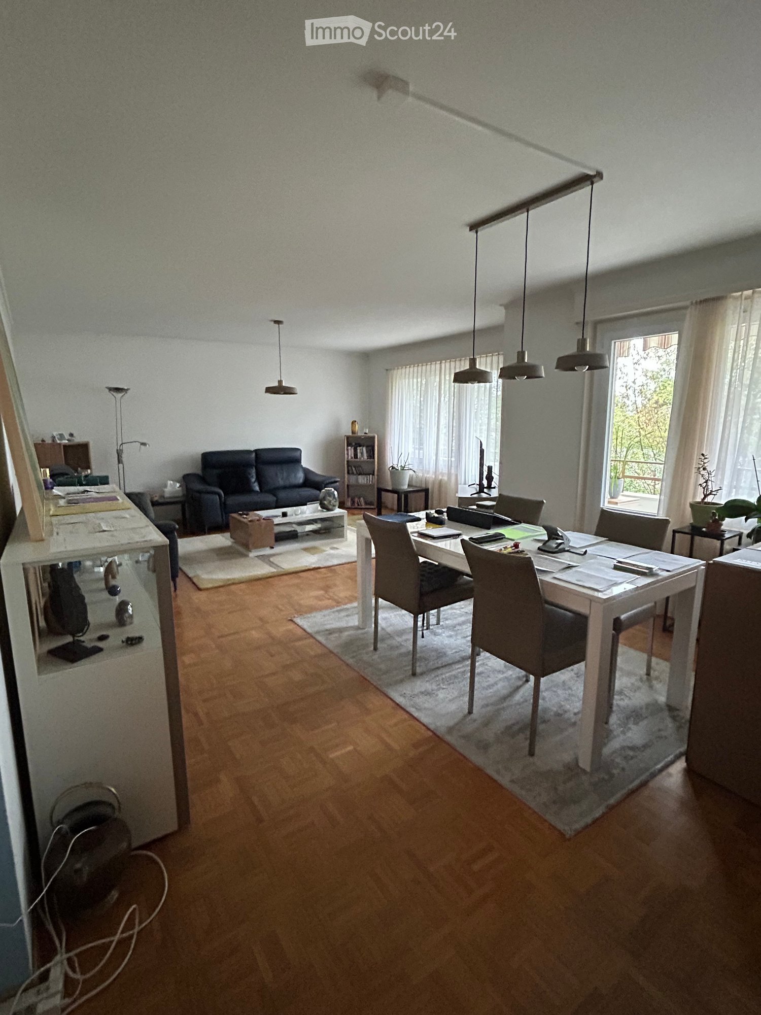 A modern living and dining area with a sofa, coffee table, dining table, chairs, bookshelf, and a fan. The space features wooden flooring, large windows with curtains, and pendant lights.