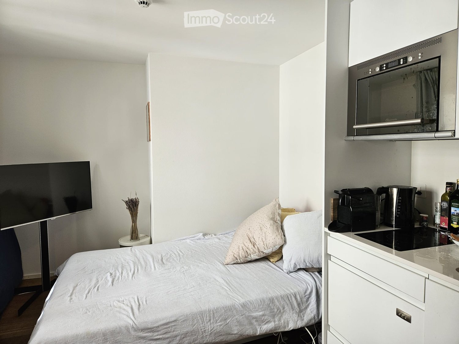 A compact studio apartment with a bed, television, small table with a vase, and a kitchenette area with an oven, coffee maker, and kettle.