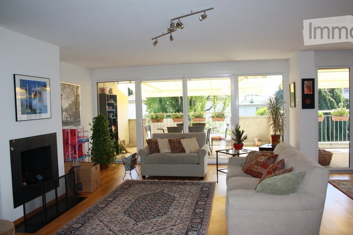 Bright living room with large sliding glass doors leading to a balcony, fireplace, two sofas, coffee table, bookshelf, and decorative plants.