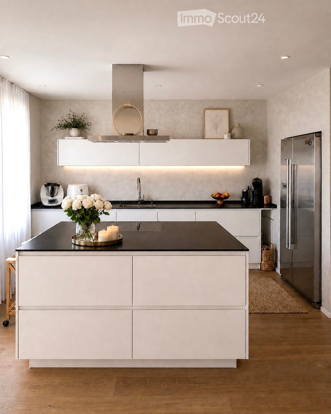 Modern kitchen with white cabinets, black countertops, stainless steel appliances, and a central island. Features include a sink, blender, toaster, coffee maker, and decorative items like candles and a vase.