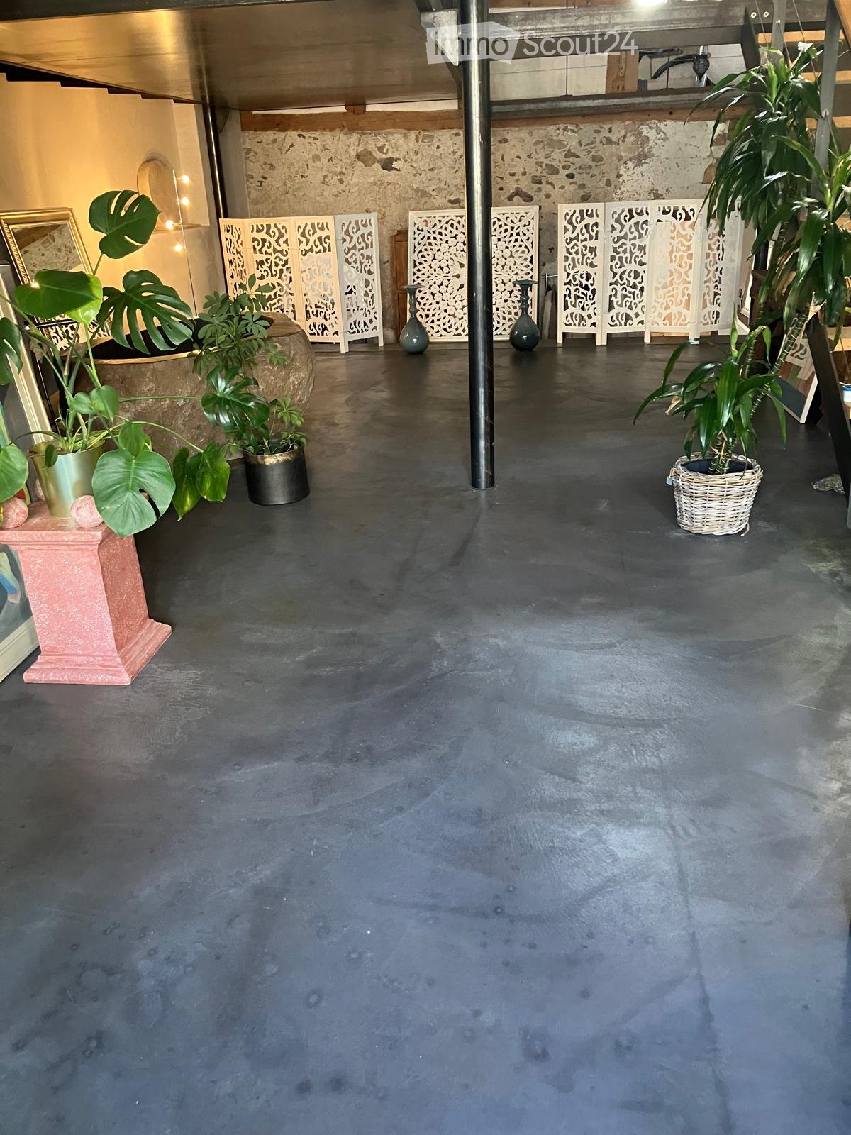 A spacious, open room with a concrete floor, decorative screens, vases, and potted plants.