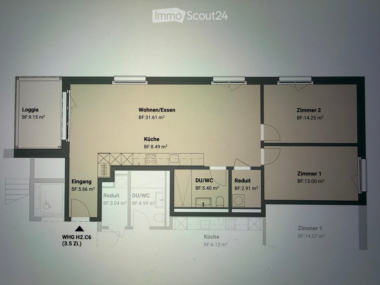 Floor plan of a 3.5-room apartment with a living/dining area, kitchen, two bedrooms, two bathrooms, and a loggia.