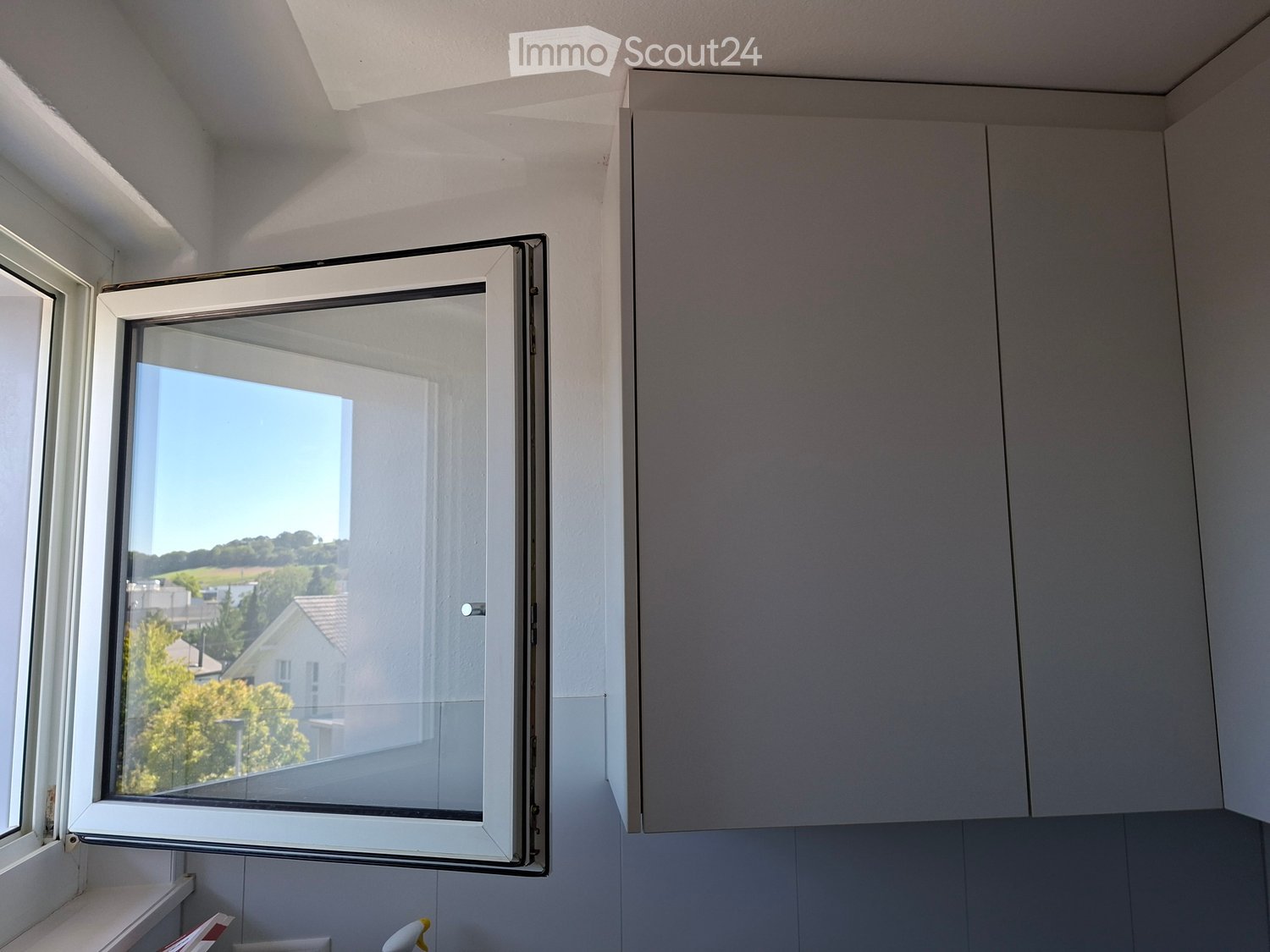 Open window with a view of the landscape, white frame, and grey cabinetry visible in the background.