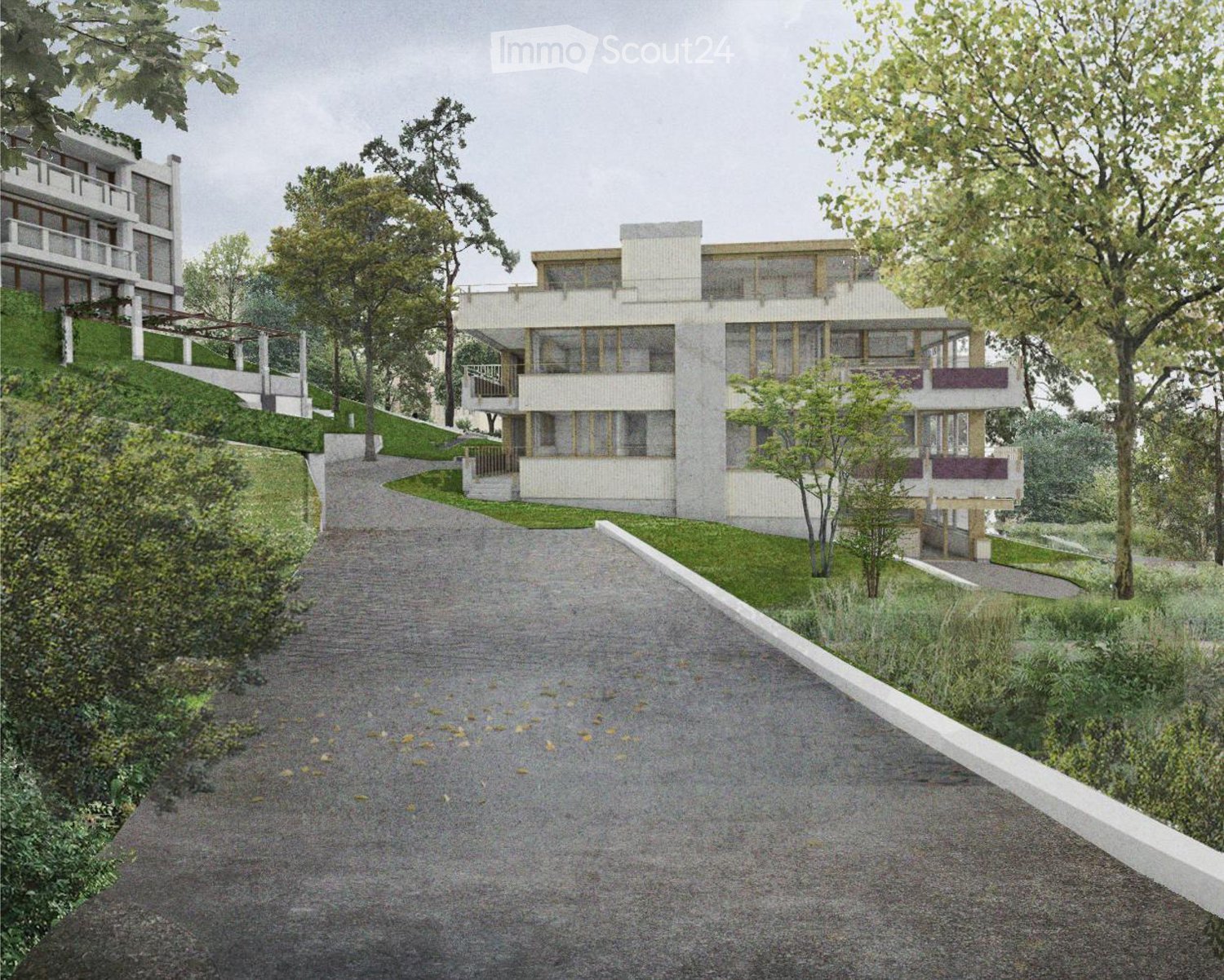 Apartment building, white walls, several balconies, located on a hill