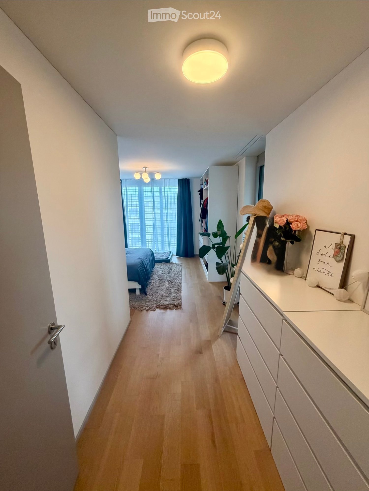 A well-lit hallway with wooden flooring, white walls, and modern ceiling lights. Features a dresser with a mirror, a potted plant, and a framed picture on the wall.
