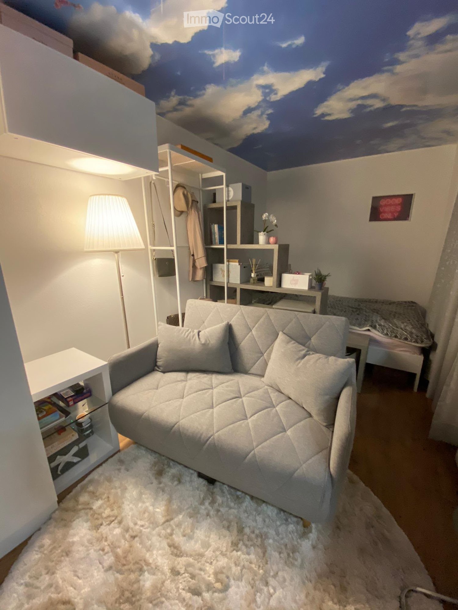A cozy, compact living space with a grey sofa, pillows, a shelf with books and decorative items, a floor lamp, a small bed, and a white shag rug.