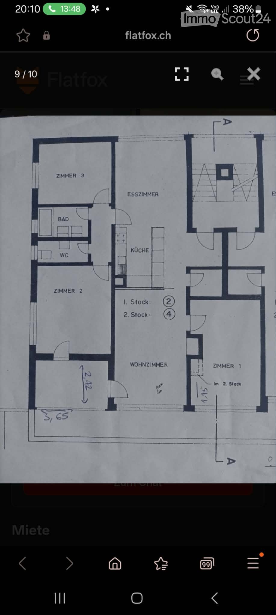 Floor plan showing a two-story layout with rooms labeled in German: Zimmer 1, Zimmer 2, Zimmer 3, Bad, WC, Küche, Esszimmer, Wohnzimmer. Includes dimensions and floor levels indicated.