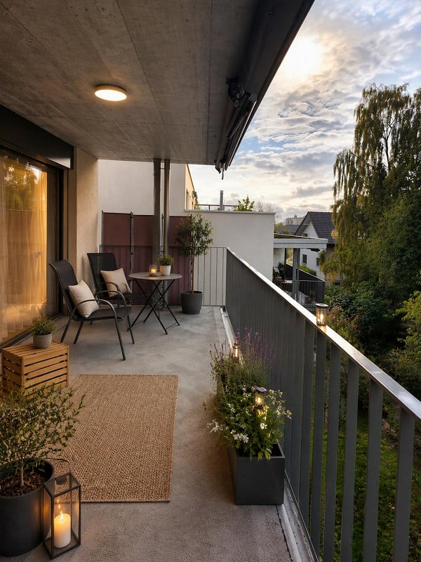 Modern balcony with grey concrete floor, black metal railing, small round table, two chairs, potted plants, and lanterns.