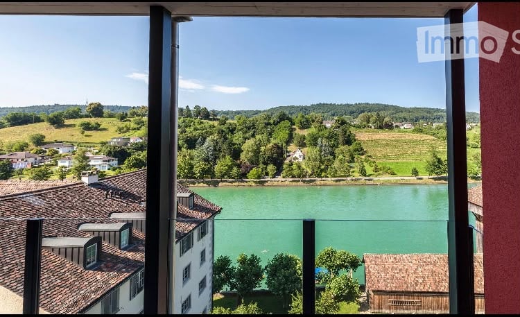 Panoramic view from a balcony overlooking a river, with surrounding greenery and houses visible.