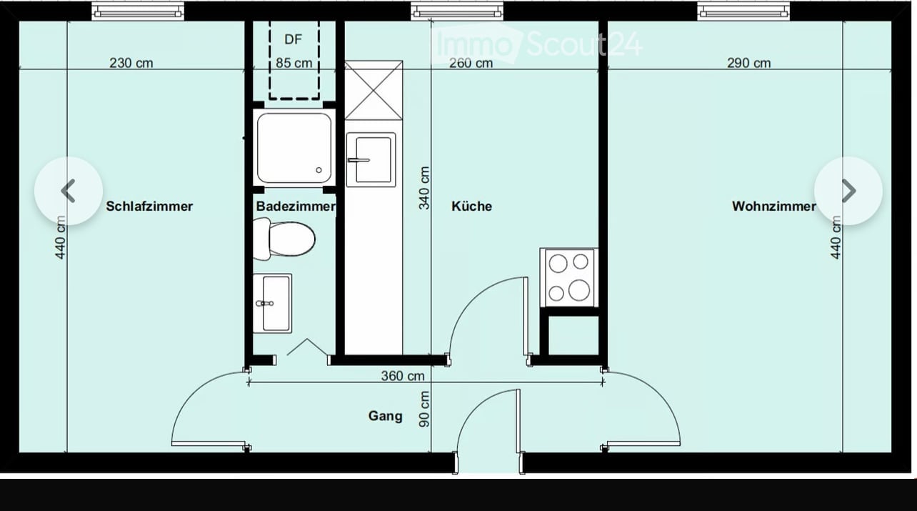 Floor plan of a compact apartment featuring a bedroom, bathroom, kitchen, and living room connected by a hallway.
