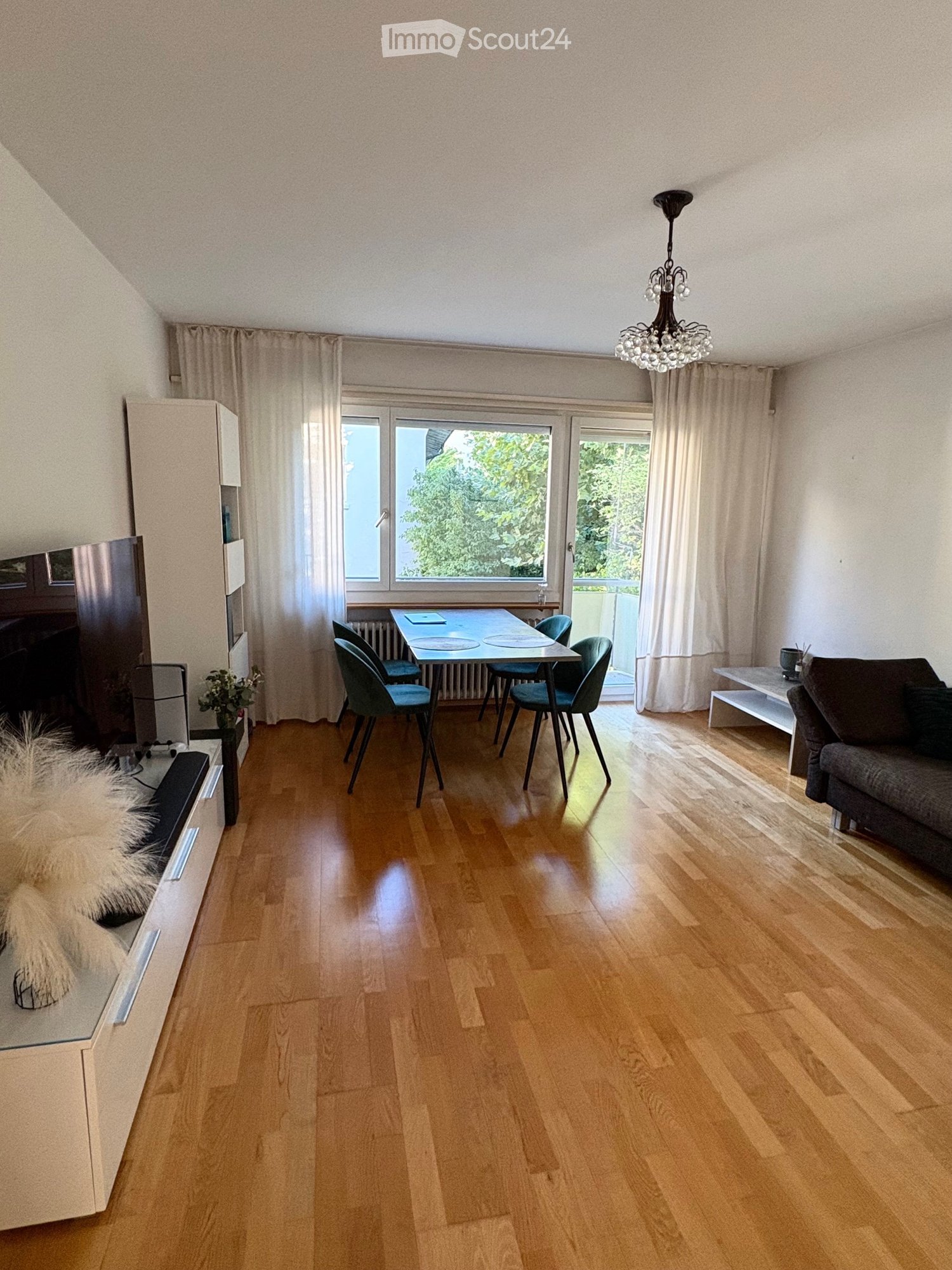 Bright living room with wooden flooring, large windows, and a balcony. Features a sofa, dining table with chairs, television, and a chandelier.